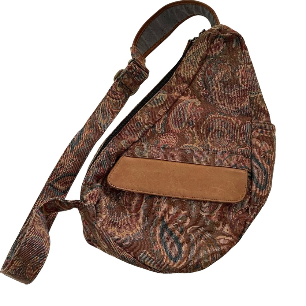LL BEAN vintage tapestry sling bag backpack brown leather paisley crossbody